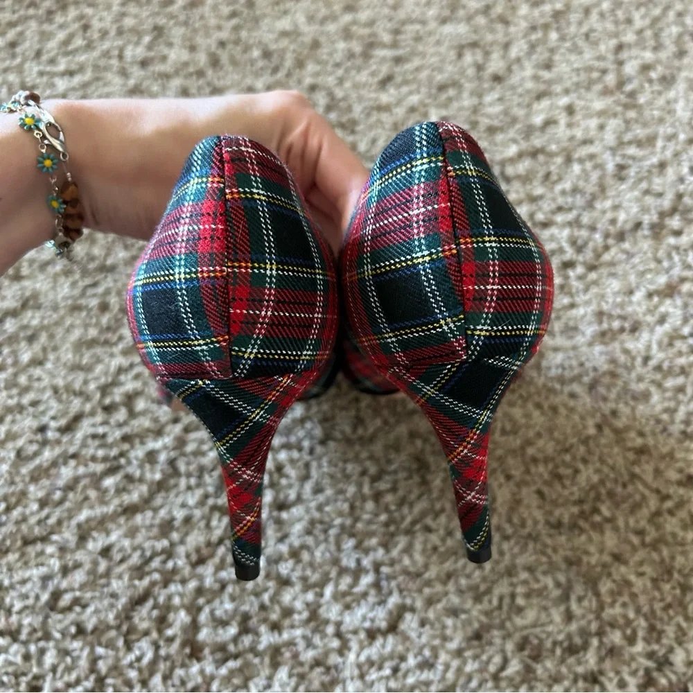 J. Crew Red Green Plaid Bow Pointed-Toe Kitten Heels